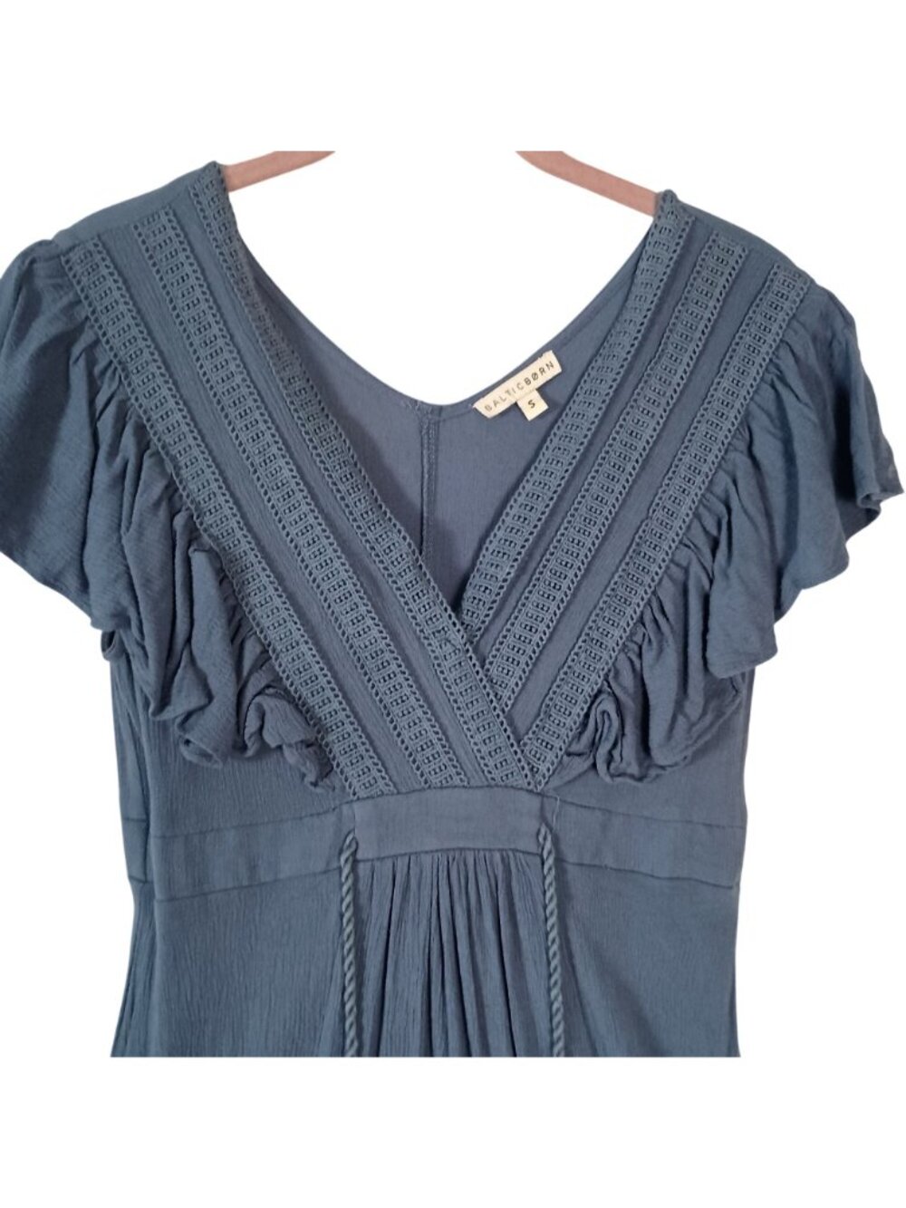 Baltic Born Jennifer Blue Maxi Dress Womens Sz S Deep V Flutter Sleeve Lace Slit - Picture 3 of 10